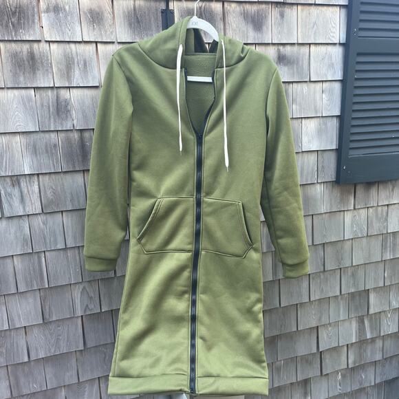 Long Green Zip-Up Sweater with Hood, Medium - Picture 1 of 5